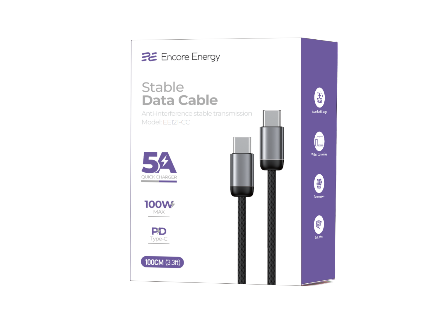 Opakowanie kabla USB-C — USB-C marki Encore Energy, model EE121-CC, o długości 100 cm i mocy 100W. Na opakowaniu widoczne są informacje: \'Stable Data Cable\', \'5A Quick Charger\', \'100W MAX\', \'PD Type-C\', \'100CM (3.3ft)\'.