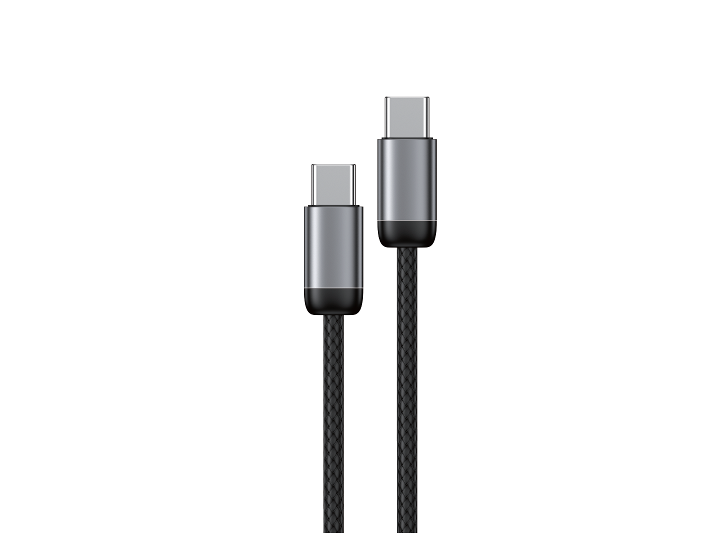 Obraz przedstawia dwa końce kabla USB-C z metalowymi wtyczkami i czarnym plecionym przewodem.
