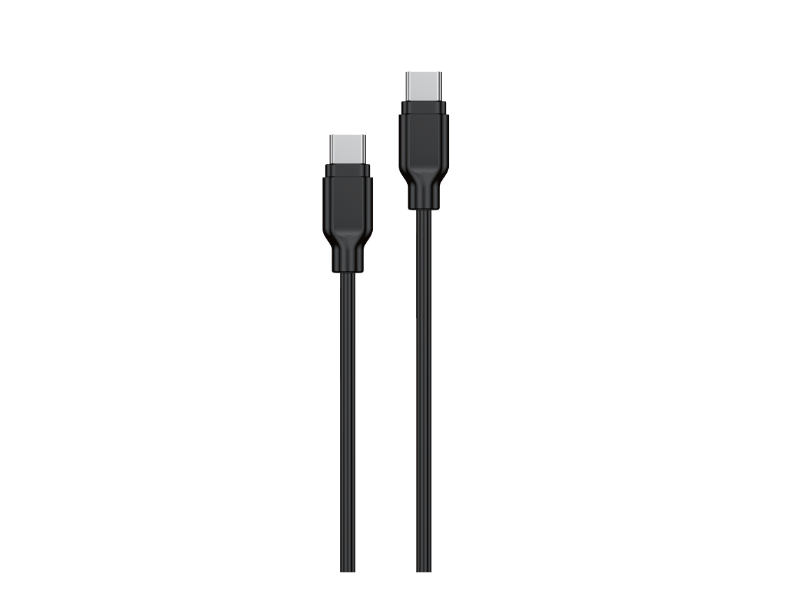Czarny kabel USB-C do USB-C z dwoma złączami widocznymi na białym tle.