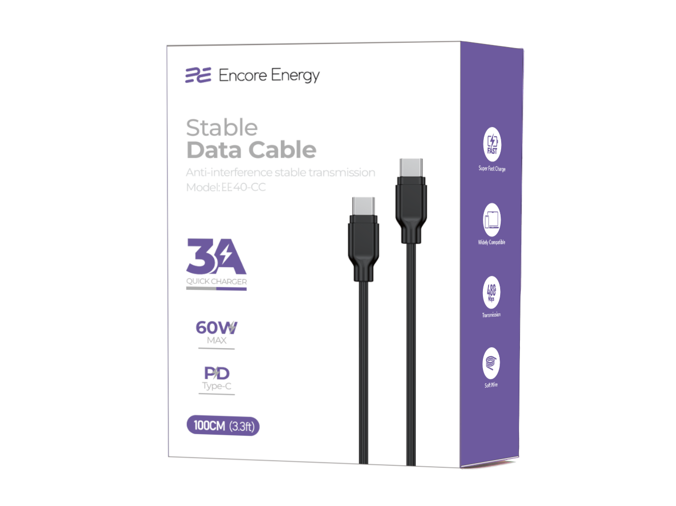 Opakowanie kabla USB-C — USB-C marki Encore Energy z oznaczeniem modelu EE40-CC. Na opakowaniu widnieją informacje: \'Stable Data Cable\', \'60W MAX\', \'PD Type-C\', oraz ikony przedstawiające funkcje kabla.