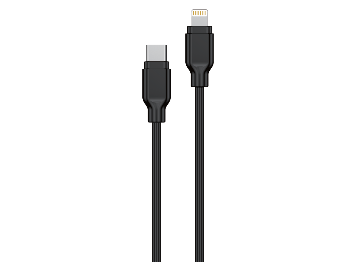 Obraz przedstawia czarny kabel z dwoma różnymi końcówkami: USB-C i Lightning. Kabel jest prosty, z gładką powierzchnią.