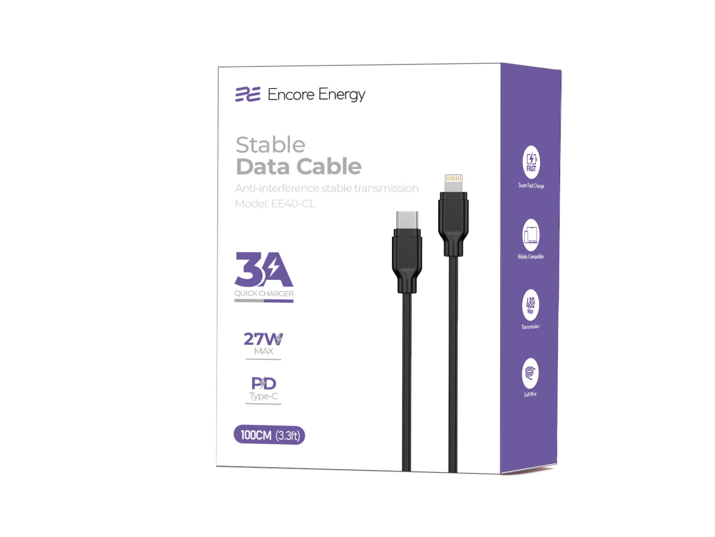 Opakowanie kabla Encore Energy z logo producenta, przedstawiające kabel USB-C do Lightning. Na opakowaniu widnieją napisy: \'Stable Data Cable\', \'Model: EE40-CL\', \'3A Quick Charger\', \'27W Max\', \'PD Type-C\', \'100CM (3.3ft)\'.