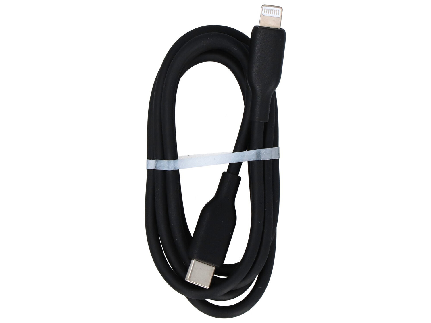 Czarny kabel USB-C — Lightning o długości 1 metra, zwinięty i spięty białą opaską. Kabel posiada dwa różne złącza na końcach.
