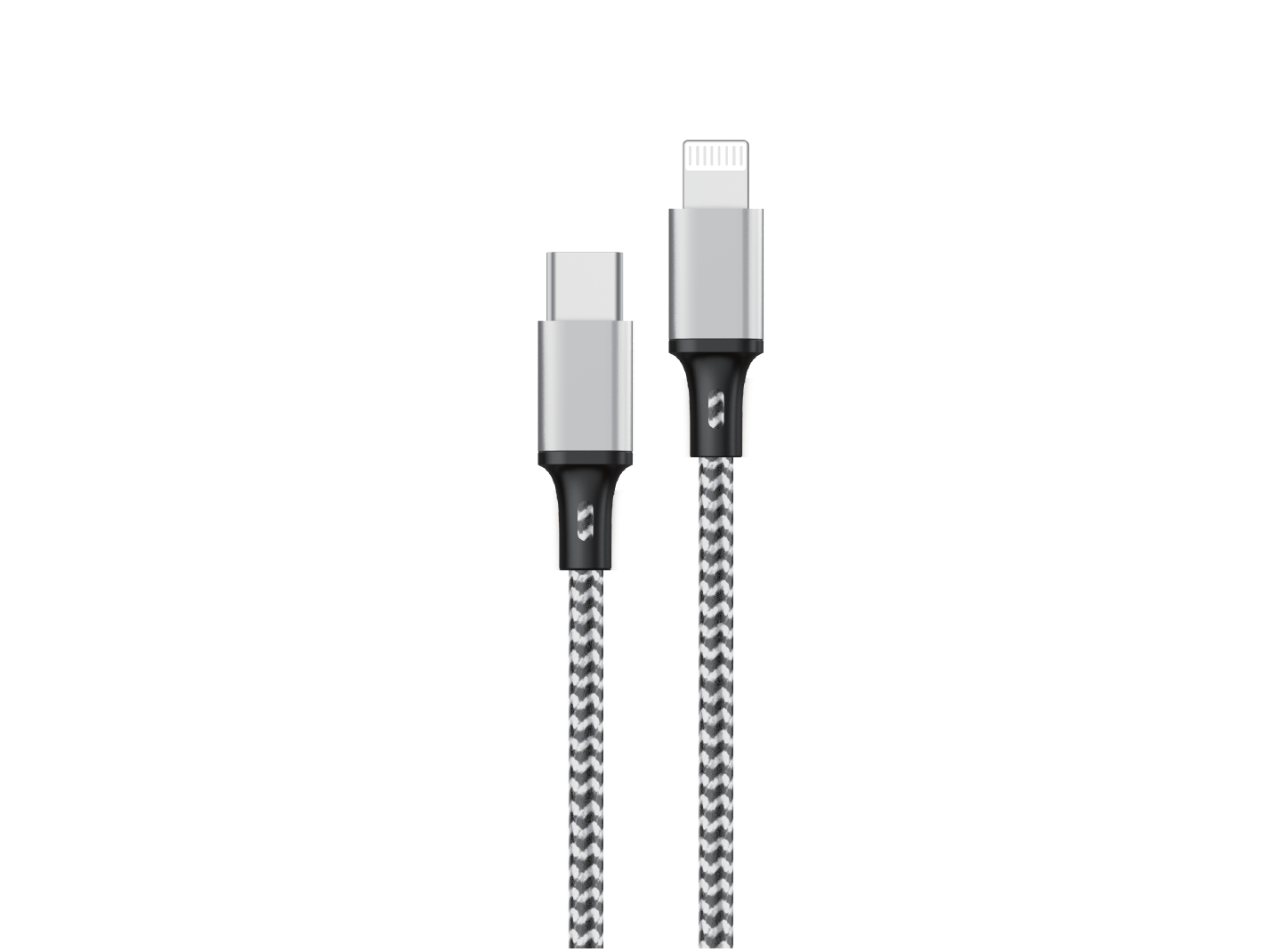 Na obrazie widoczny jest czarno-biały pleciony kabel z dwoma różnymi końcówkami: USB-C i Lightning. Obudowy końcówek są metaliczne, a na czarnych elementach widnieje logo producenta.