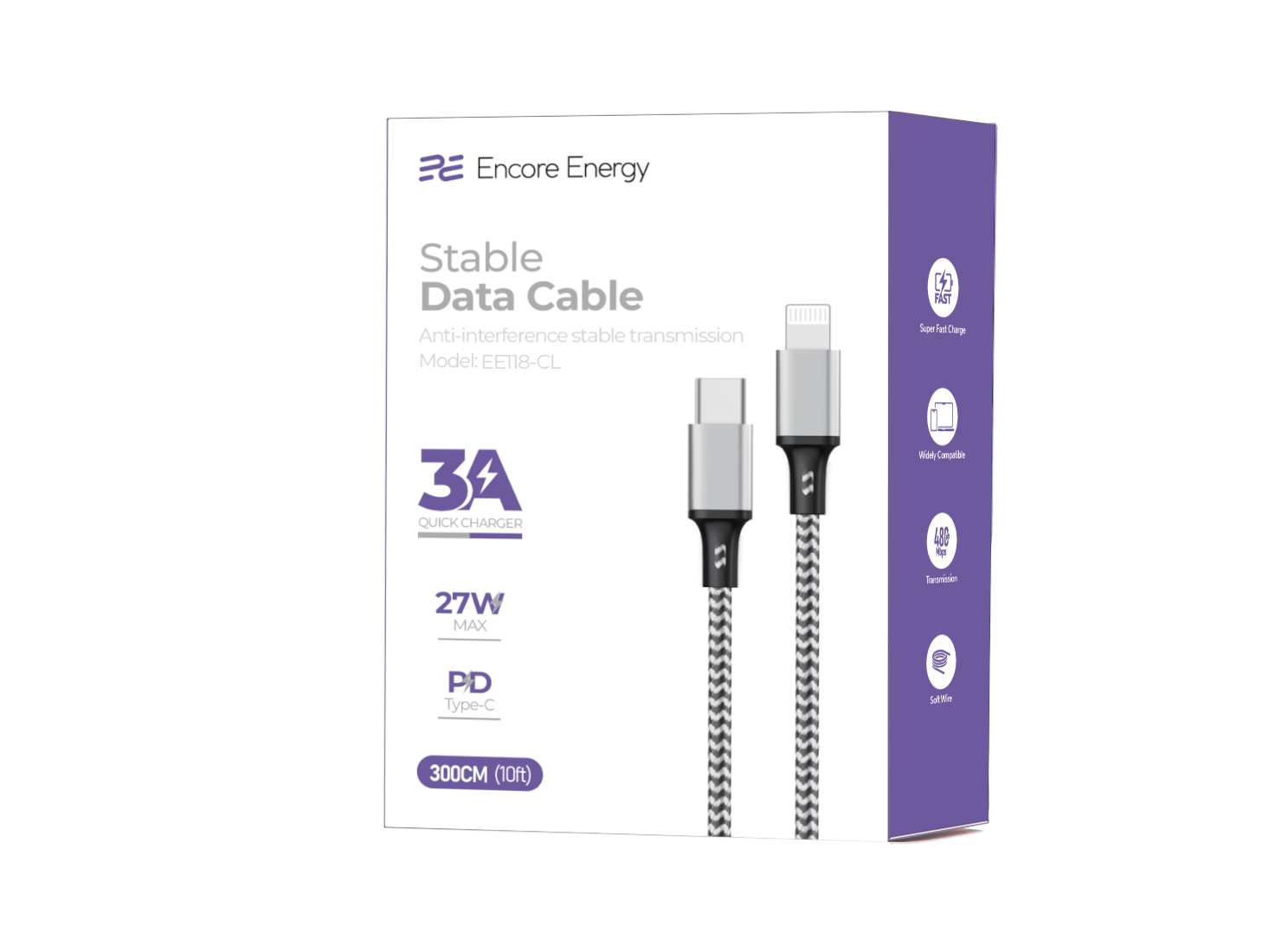 Opakowanie kabla USB-C — Lightning marki Encore Energy, model EE118-CL, o długości 300 cm i mocy 27W. Na opakowaniu widoczne są informacje o szybkim ładowaniu 3A, PD Type-C oraz cechy takie jak stabilna transmisja danych i odporność na zakłócenia.