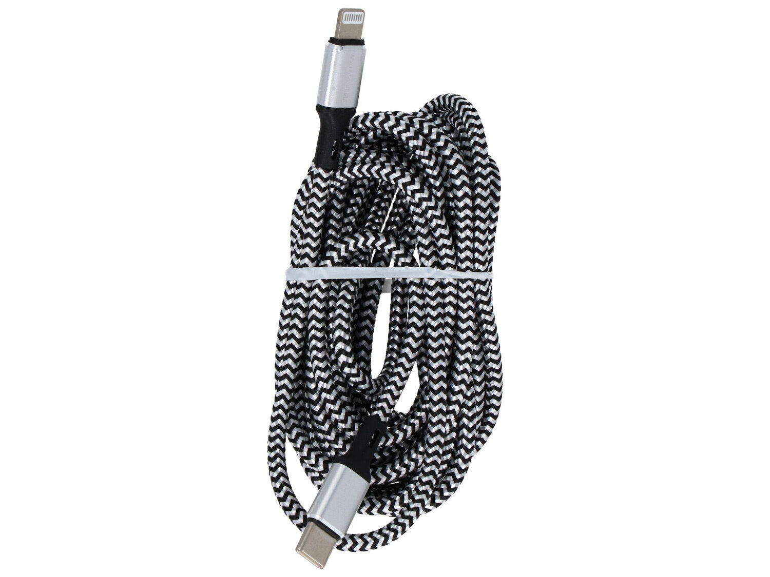 Czarno-biały pleciony kabel z końcówkami USB-C i Lightning, zwinięty i spięty białą opaską.