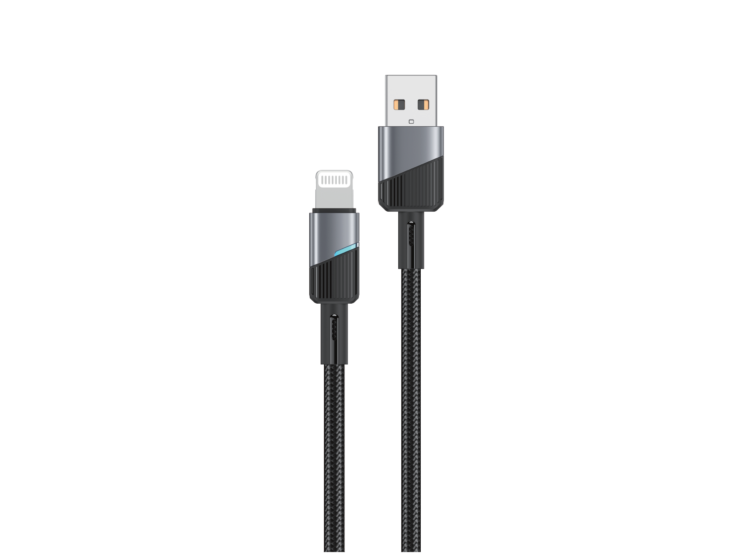 Na obrazie widoczny jest czarny kabel USB-A do Lightning z plecionym oplotem. Końcówki kabla mają metaliczne wykończenie.