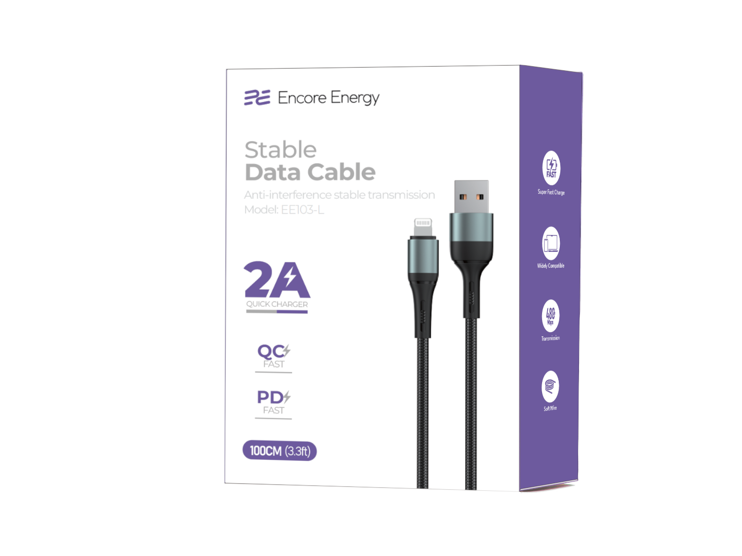 Opakowanie kabla USB-A do Lightning marki Encore Energy, model EE103-L, o długości 100 cm. Na opakowaniu widoczne są informacje o szybkim ładowaniu 2A, QC Fast, PD Fast oraz logo producenta.