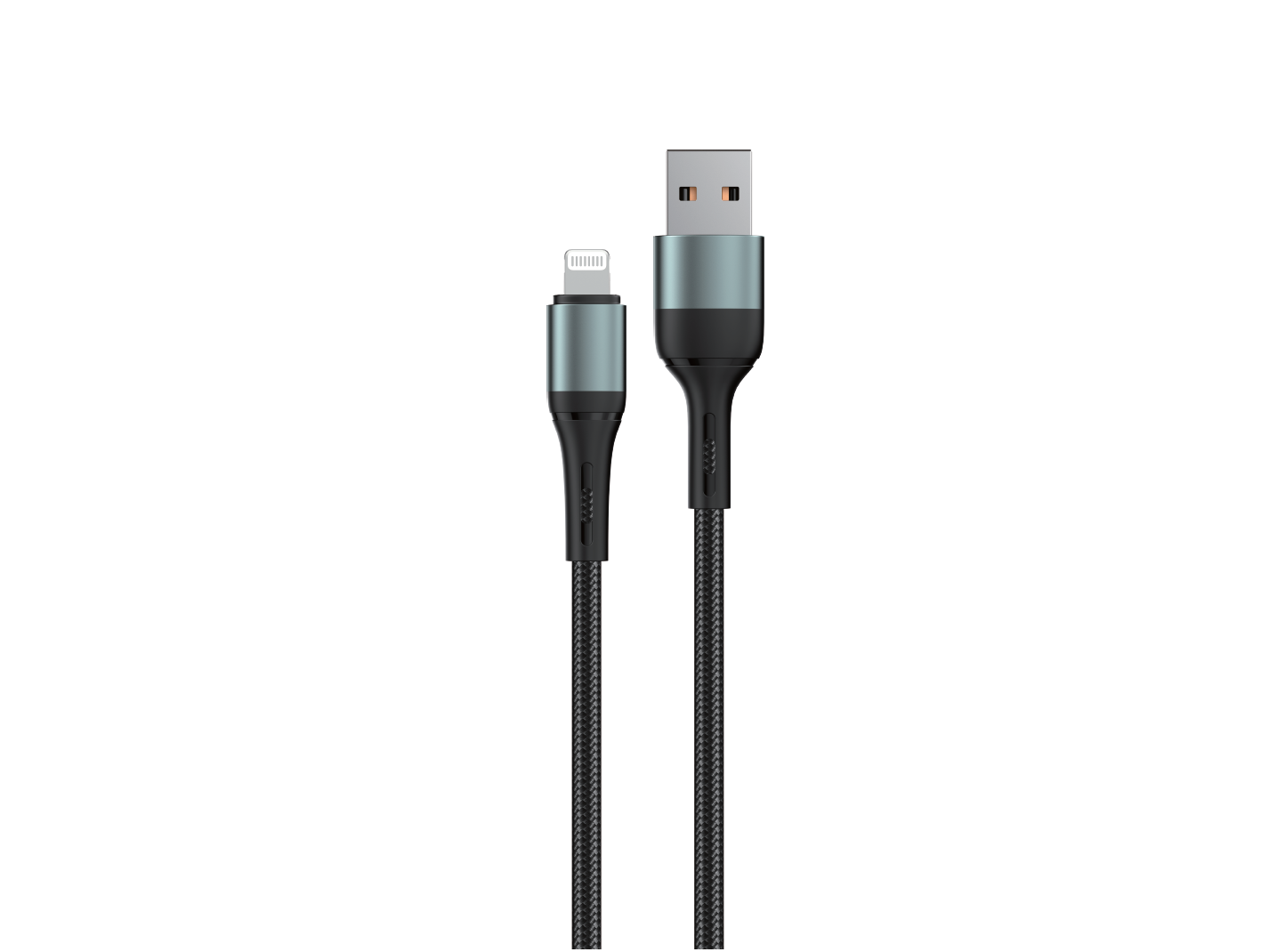 Na obrazie widoczny jest czarny kabel USB-A do Lightning z plecionym oplotem. Końcówki kabla mają metaliczne wykończenie.