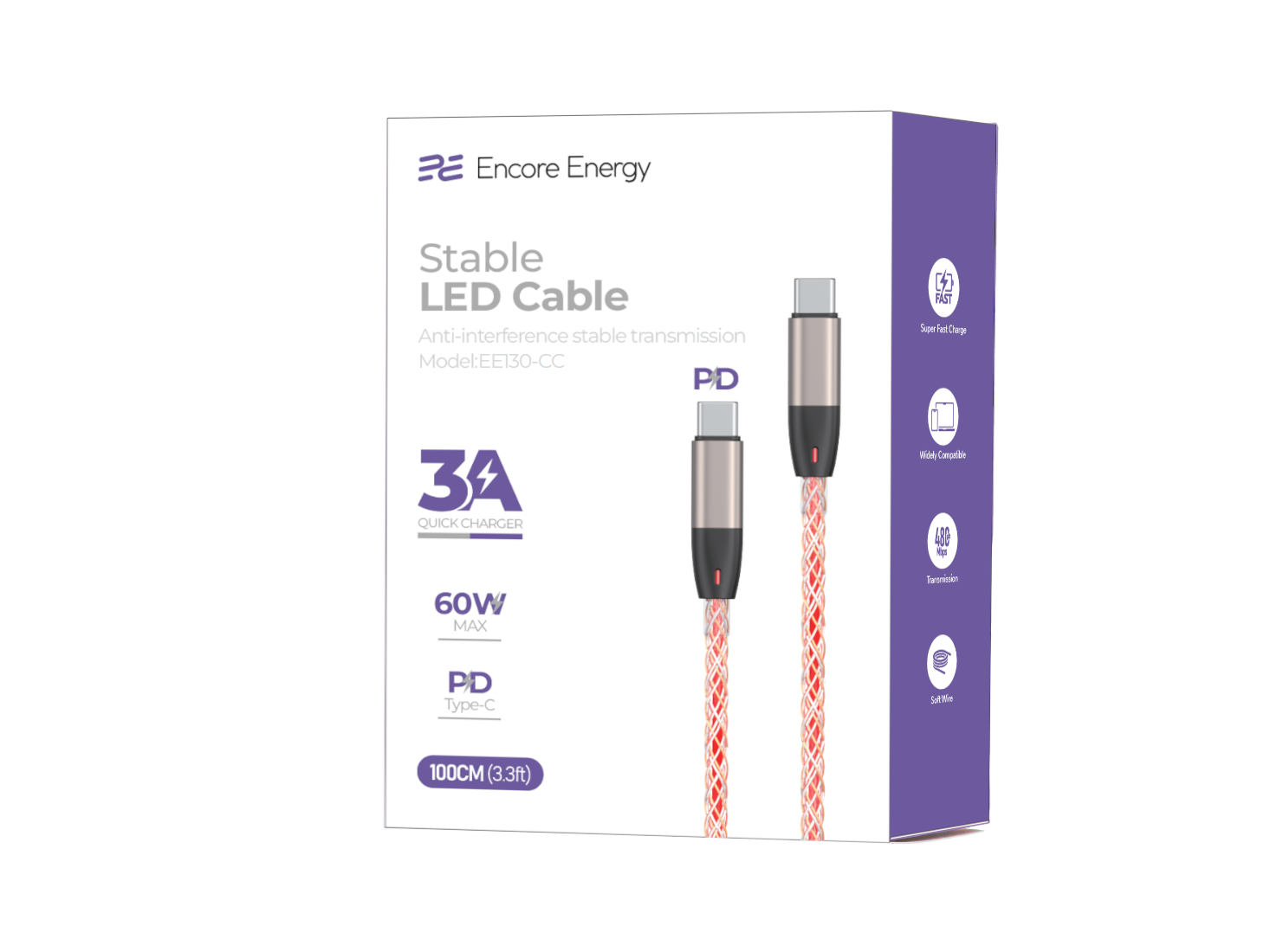 Opakowanie kabla USB-C — USB-C marki Encore Energy, model EE130-CC, o długości 100 cm i mocy 60W. Na opakowaniu widoczne są informacje o szybkim ładowaniu 3A, transmisji danych oraz podświetleniu LED kabla.