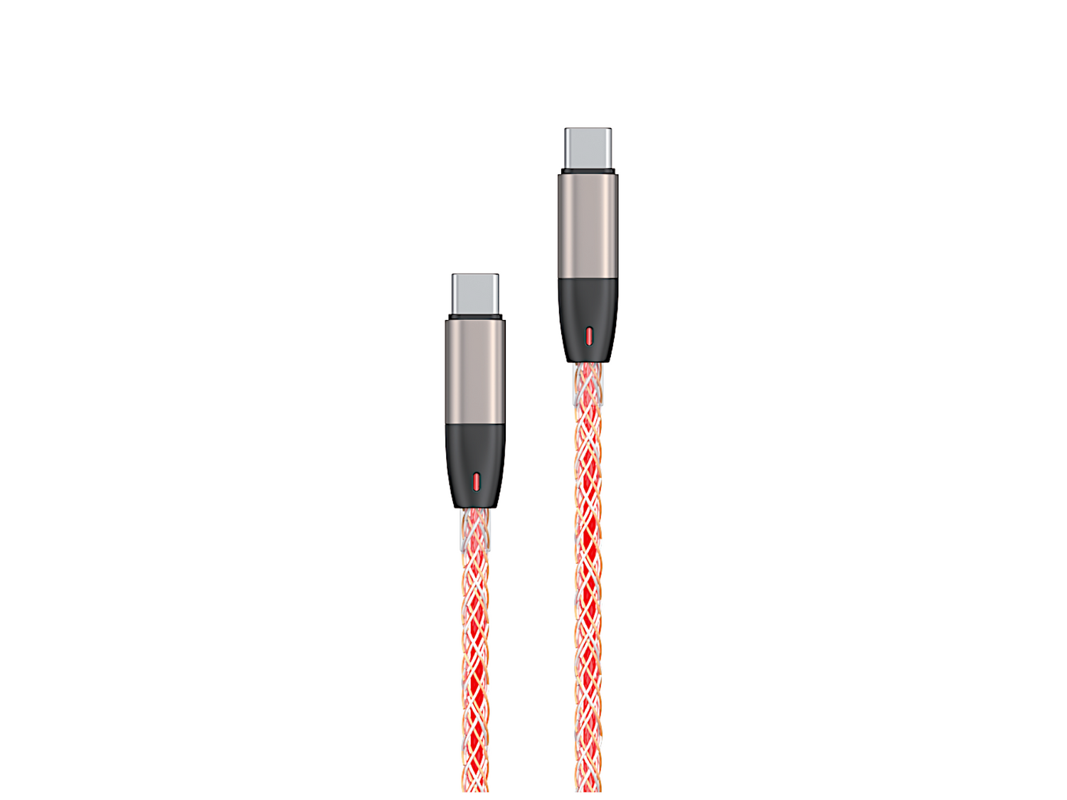 Obraz przedstawia dwa kable USB-C z metalowymi końcówkami i podświetlanymi, kolorowymi przewodami w oplocie. Kable mają czarne elementy przy złączach.