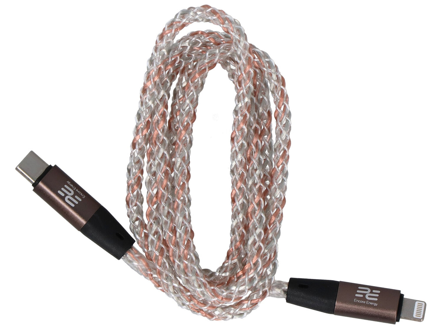 Na obrazie widoczny jest pleciony kabel z końcówkami USB-C i Lightning. Na końcówkach znajduje się logo \'Encore Energy\'.