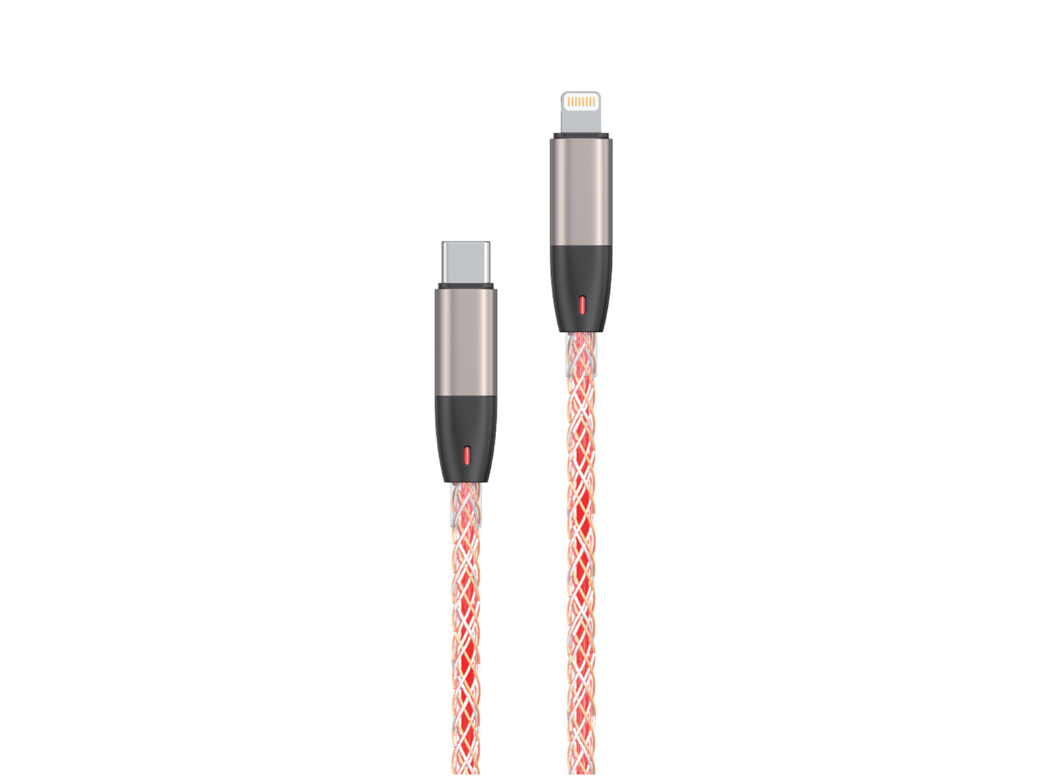 Obraz przedstawia kabel z końcówkami USB-C i Lightning. Kabel ma kolorowy, podświetlany oplot.