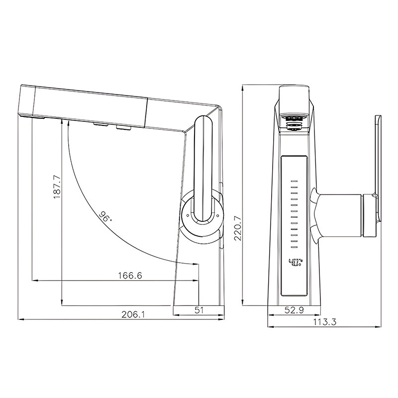 Rysunek techniczny baterii umywalkowej z wymiarami: wysokość 220.7 mm, długość 206.1 mm, szerokość 52.9 mm. Widoczne są kąty i szczegóły konstrukcyjne, takie jak uchwyt i wylewka.