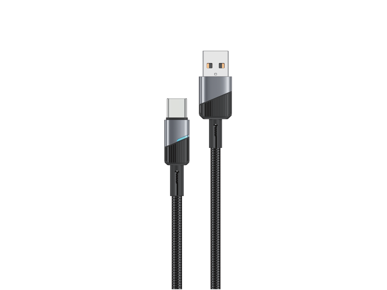 Obraz przedstawia czarny kabel USB z końcówkami USB-A i USB-C, z plecionym oplotem. Końcówki mają metaliczne wykończenie z delikatnym wzorem.
