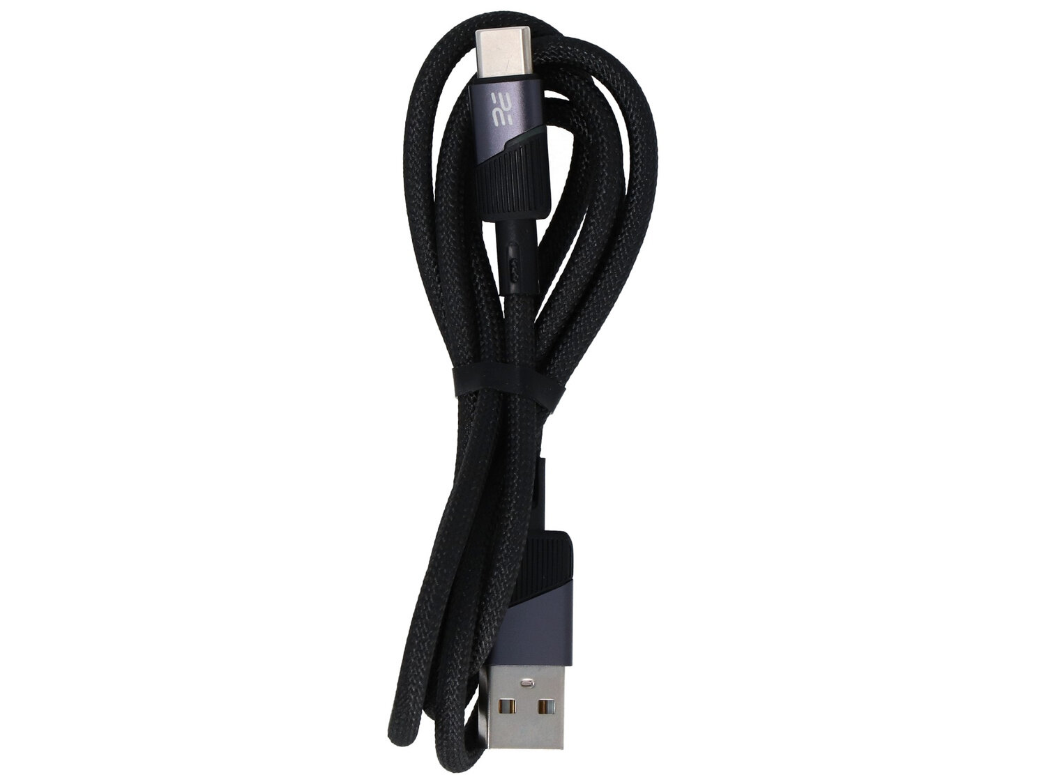 Czarny kabel USB-A do USB-C z plecionym oplotem, z widocznym logo na końcówce USB-C.