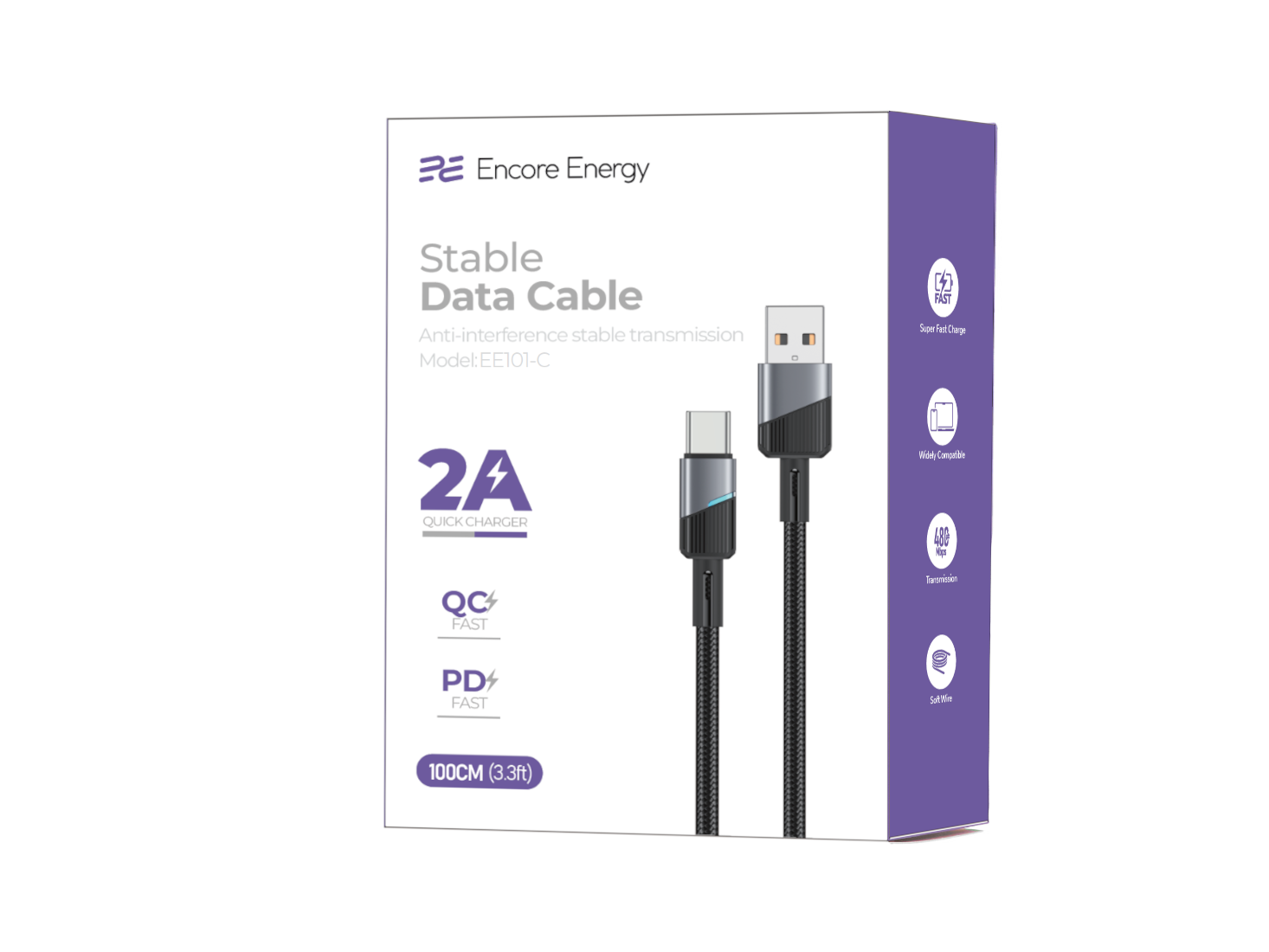 Opakowanie kabla USB-A do USB-C marki Encore Energy, model EE101-C, o długości 100 cm. Na opakowaniu widoczne są informacje o szybkim ładowaniu 2A, QC Fast, PD Fast oraz cechy takie jak Super Fast Charge i Safe Wire.