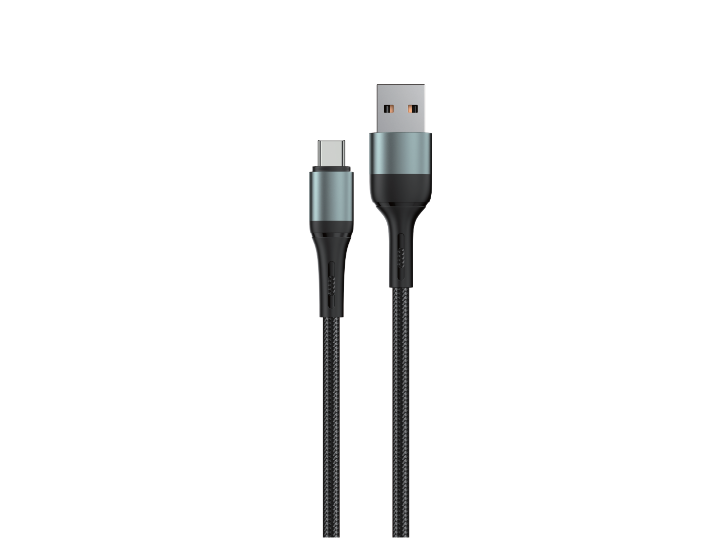Na obrazie widoczny jest czarny kabel USB z końcówkami USB-A i USB-C, z plecionym oplotem. Końcówki mają metaliczne wykończenie.