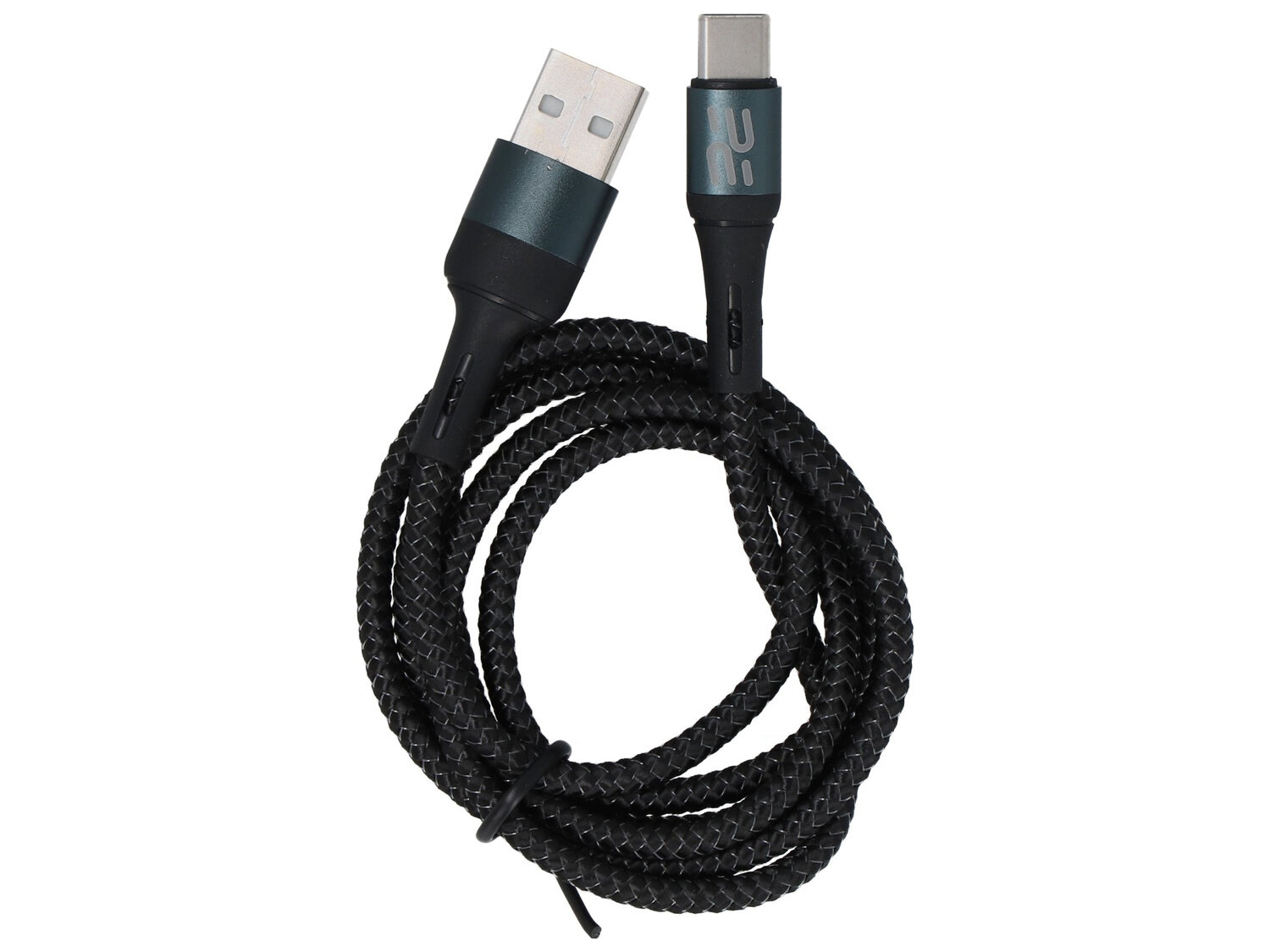 Czarny, pleciony kabel USB z końcówkami USB-A i USB-C, zwinięty w pętlę. Na jednej z końcówek widoczne jest logo producenta.