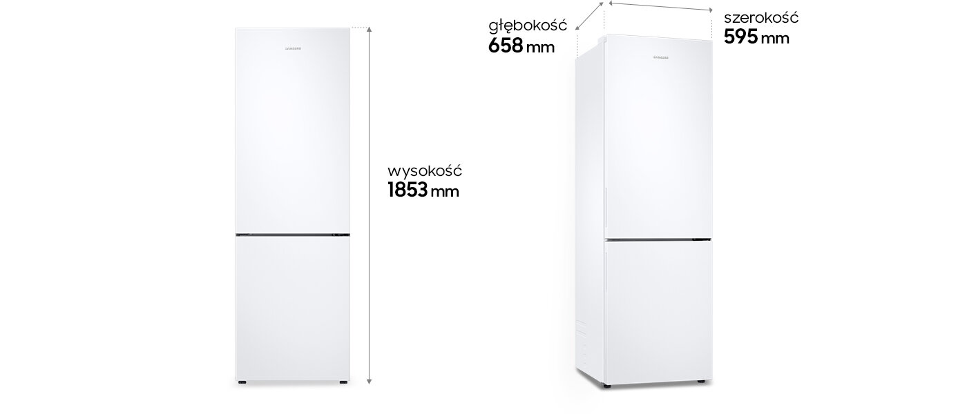 Na obrazie widoczna jest biała lodówka z oznaczeniami wymiarów: wysokość 1853 mm, głębokość 658 mm, szerokość 595 mm. Lodówka ma prosty, nowoczesny design z gładką powierzchnią.
