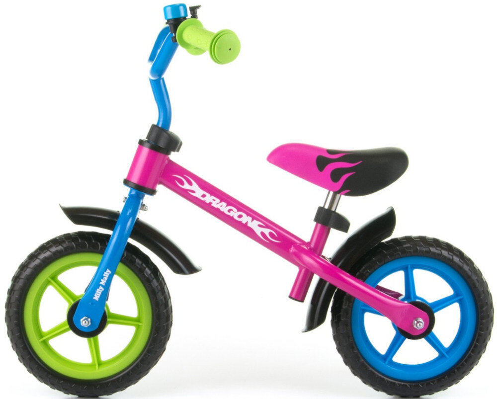 Rowerek biegowy MILLY MALLY Dragon multikolor pomaga ćwiczyć motorykę siłę mięśnie nóg utrzymywanie równowagi koordynację wzrokowo-ruchową dla dzieci w wieku od 2 do 4 roku życia