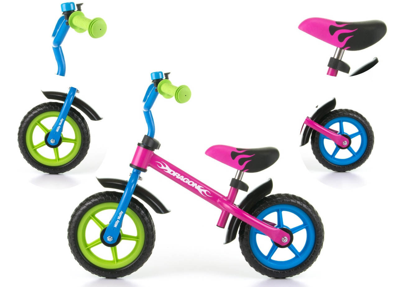 Rowerek biegowy MILLY MALLY Dragon multikolor rama wytrzymała z wysokiej jakości stali błyszczący lakier w miętowym kolorze lekki waga 2,8 kg