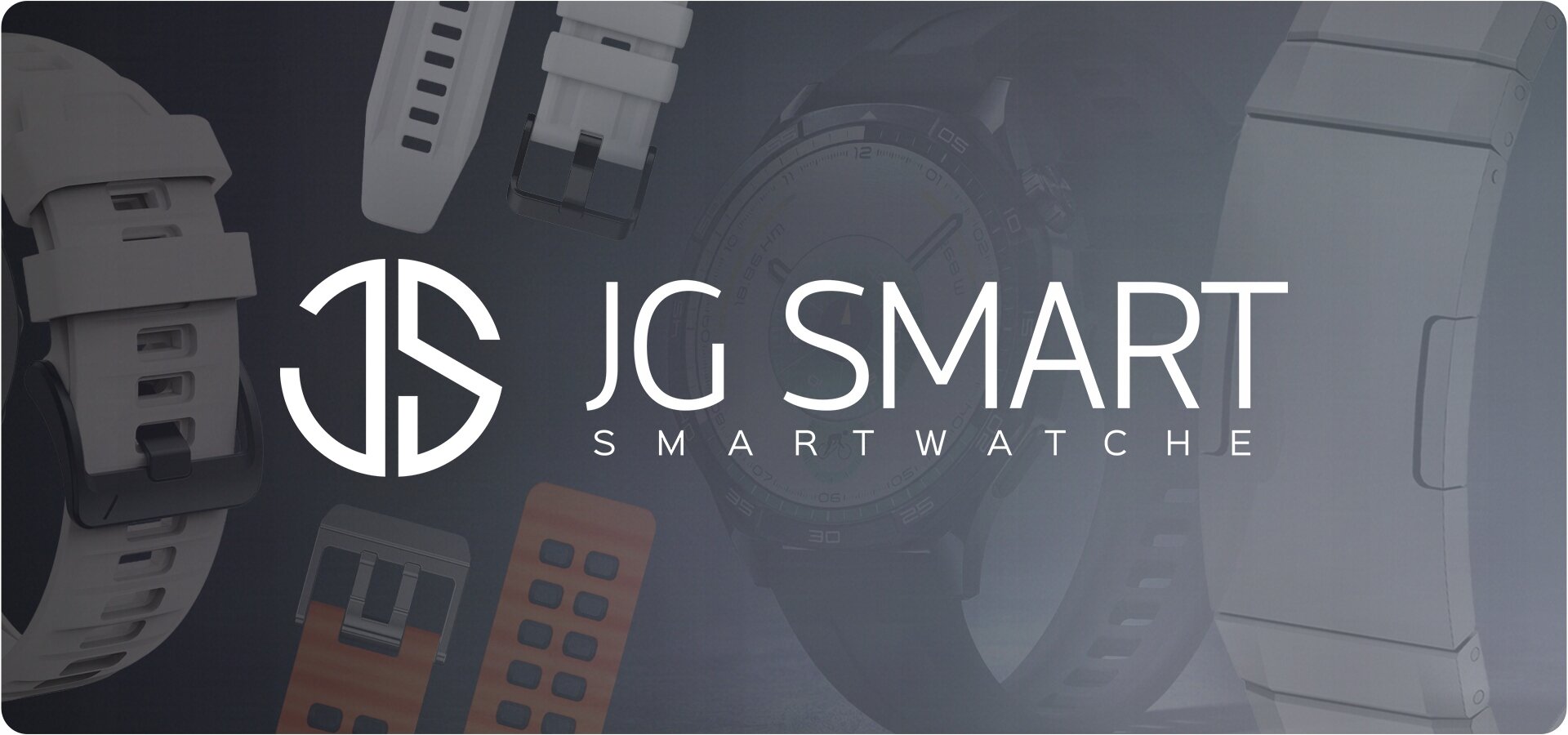 Na obrazie widoczne są różne paski do zegarków w różnych kolorach oraz logo \'JG SMART SMARTWATCH\'.