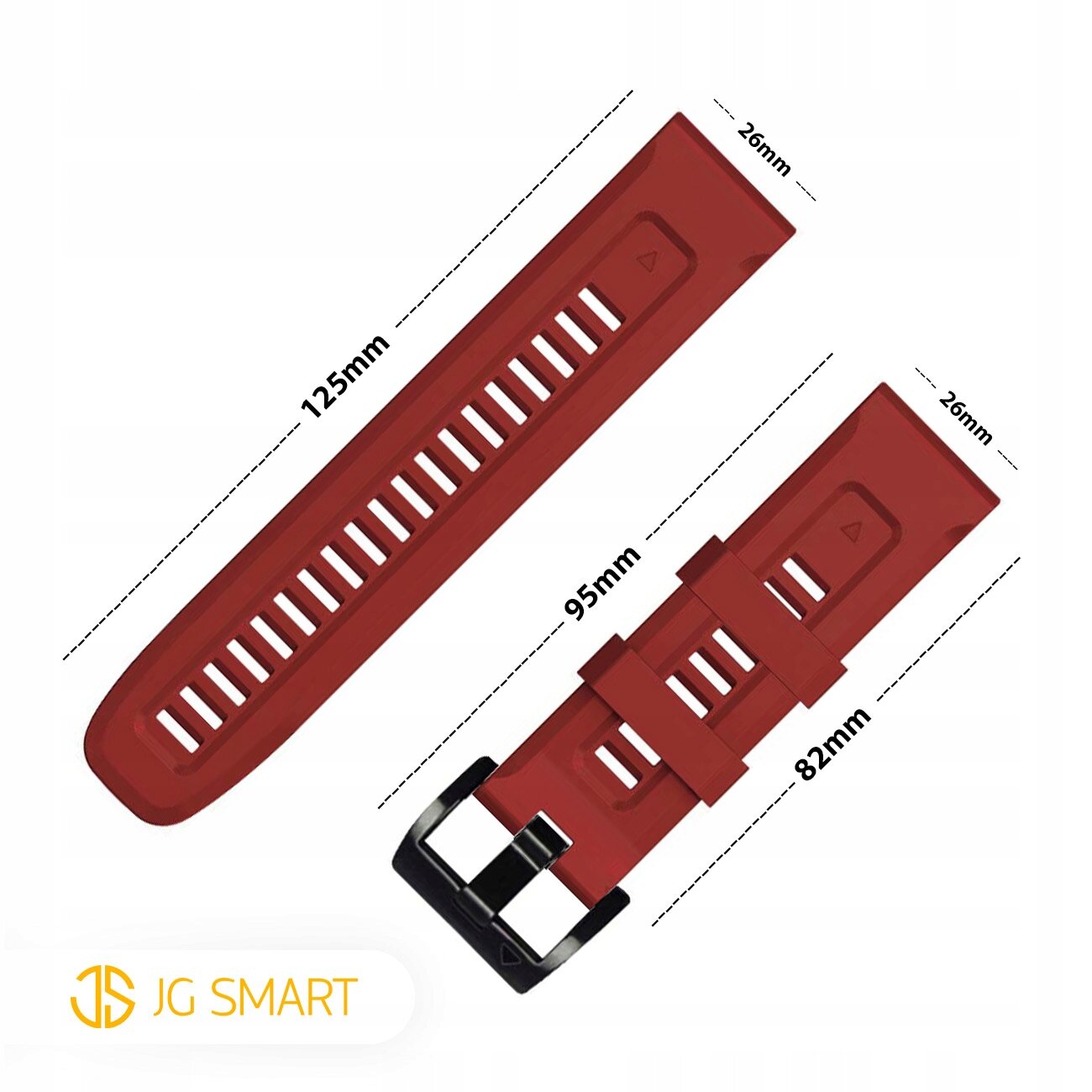 Czerwony pasek do zegarka z otworami wentylacyjnymi, o długościach 125mm i 95mm oraz szerokości 22mm. Logo \'JG SMART\' widoczne w lewym dolnym rogu.