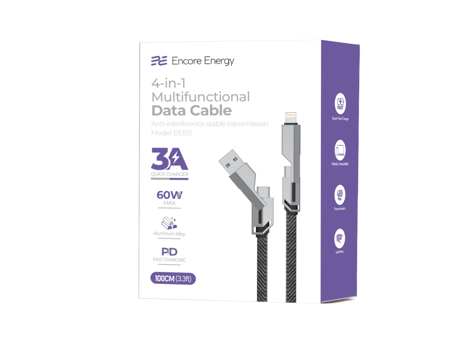 Opakowanie kabla Encore Energy 4-in-1 Multifunctional Data Cable z widocznymi końcówkami USB i Lightning. Na opakowaniu znajdują się informacje: \'Quick Charger 3A\', \'60W MAX\', \'Aluminum Alloy\', \'PD Fast Charging\', \'100CM (3.3ft)\'.