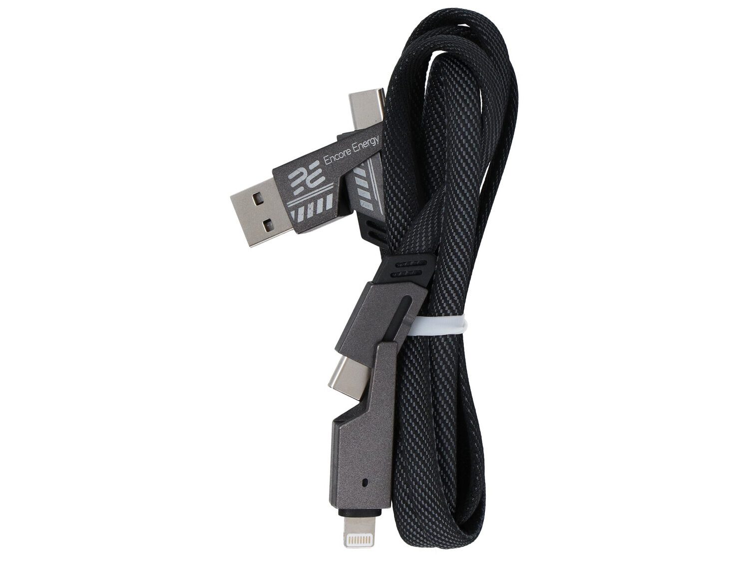 Na obrazie widoczny jest szary, pleciony kabel z kilkoma różnymi końcówkami, w tym USB i USB-C. Na jednej z końcówek znajduje się napis \'Encore Energy\'.