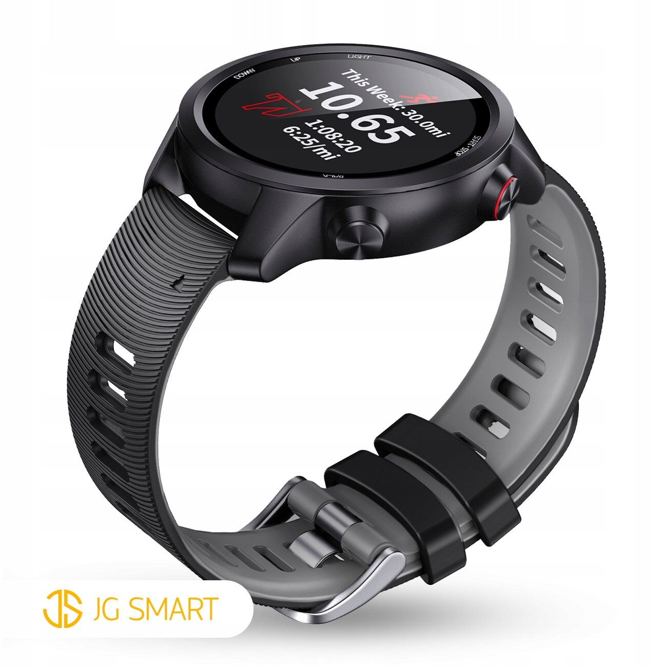 Czarny zegarek z silikonowym paskiem, na wyświetlaczu widoczny tekst: \'This Week: 9.30 mi, 10.65, 1:08:20, 6:25/mi\'. W lewym dolnym rogu logo \'JG SMART\'.