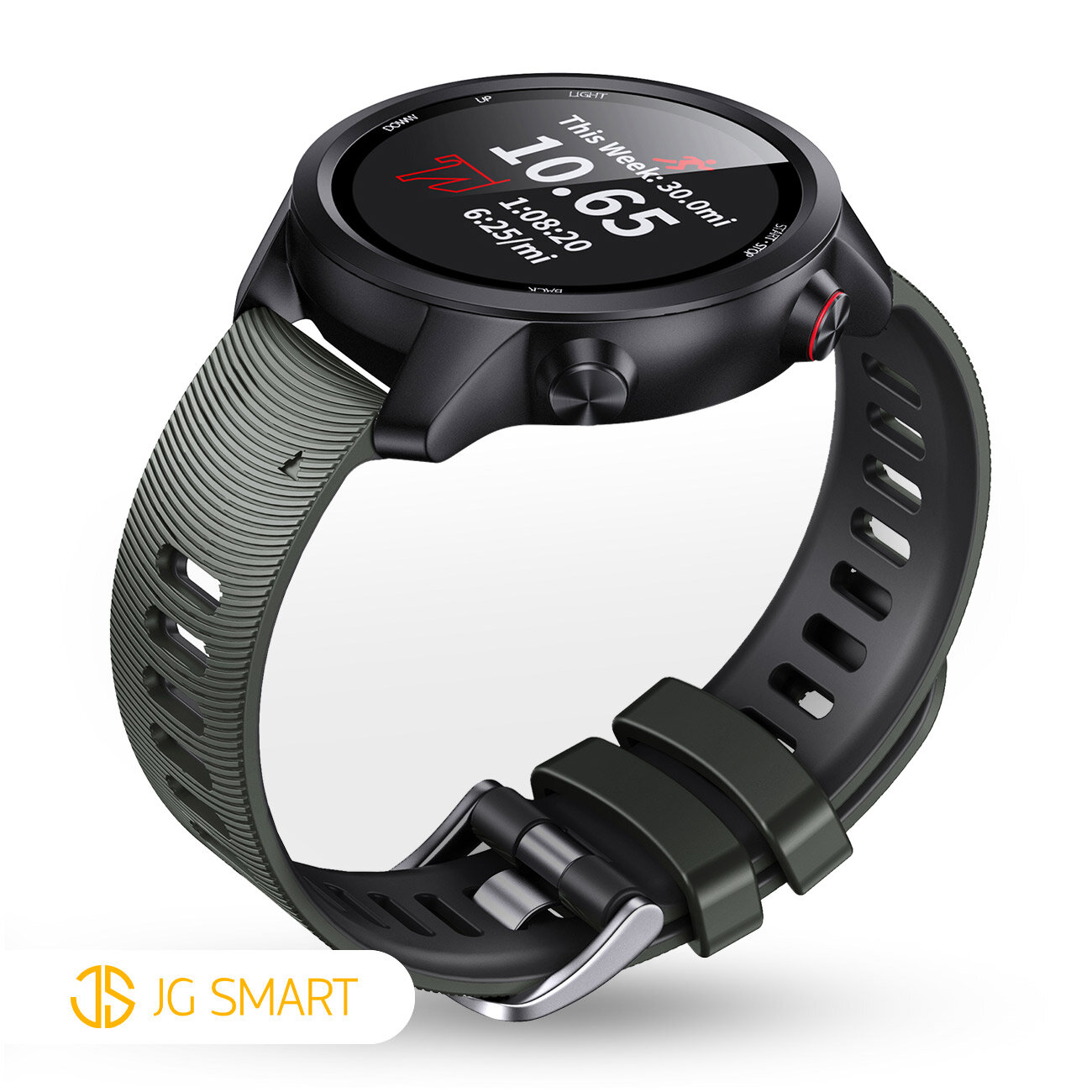 Czarny zegarek sportowy z silikonowym paskiem i wyświetlaczem pokazującym dane treningowe: \'This week: 30 omi, 10.65, 1:08.20, 6251 mi\'. Logo \'JG SMART\' widoczne w lewym dolnym rogu.