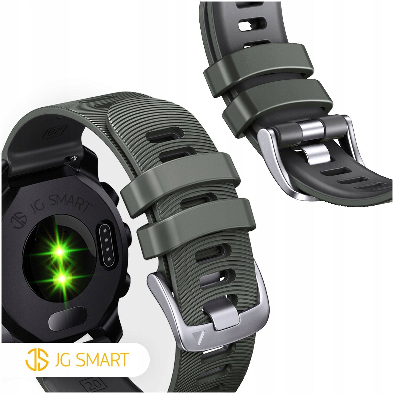 Obraz przedstawia silikonowy pasek do zegarka w kolorze ciemnozielonym z metalową klamrą. Na zegarku widoczne jest logo \'JG SMART\'.