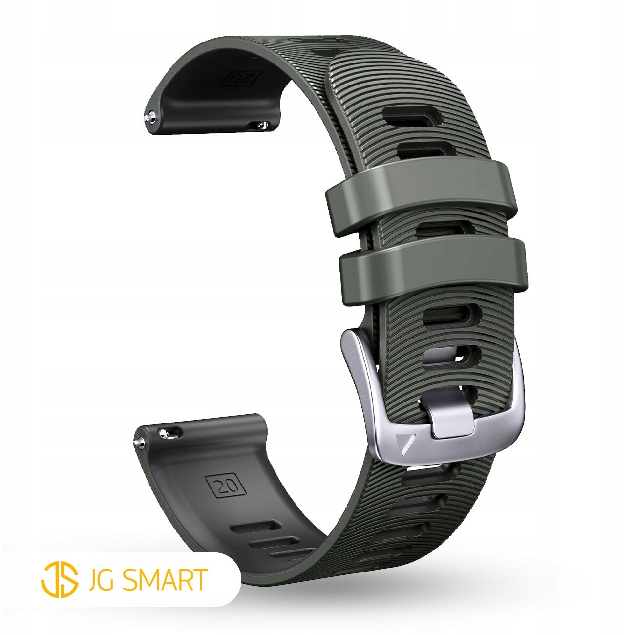Silikonowy pasek do zegarka w kolorze ciemnozielonym z metalową klamrą. Widoczne logo \'JG SMART\' oraz oznaczenie szerokości \'20\'.