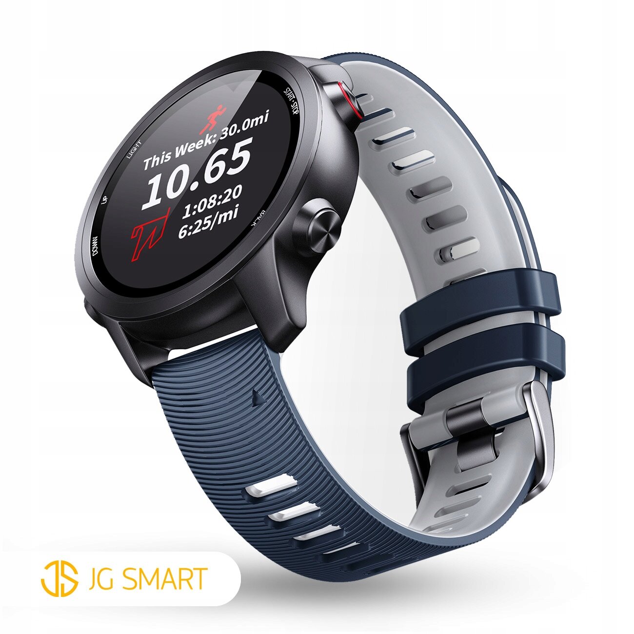 Zegarek z ciemnym, okrągłym wyświetlaczem pokazuje dane: \'This Week: 30.0mi\', \'10.65\', \'1:08:20\', \'6:25/mi\'. Pasek jest silikonowy, w kolorze niebieskim z jasnym wnętrzem, a w lewym dolnym rogu widoczne jest logo \'JG SMART\'.
