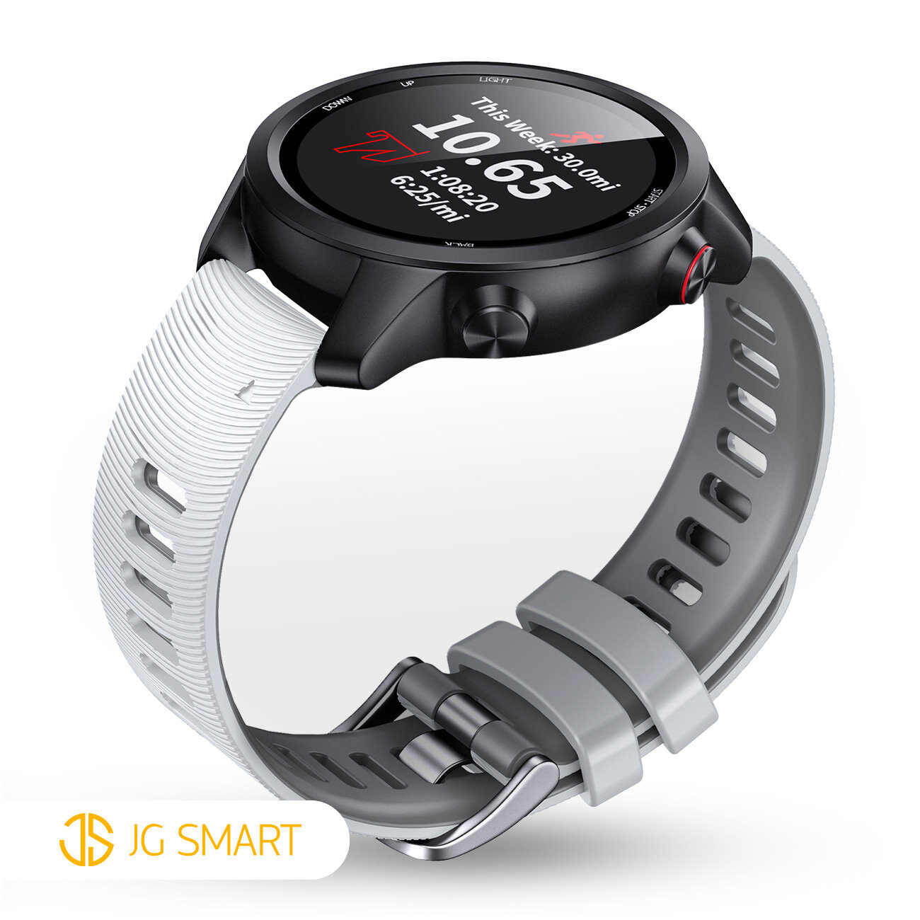 Czarny zegarek z białym silikonowym paskiem, na wyświetlaczu widoczny tekst: \'This week: 30 omi, 10.65, 1:08:20, 6257 mi\'. Logo JG SMART znajduje się w lewym dolnym rogu obrazu.