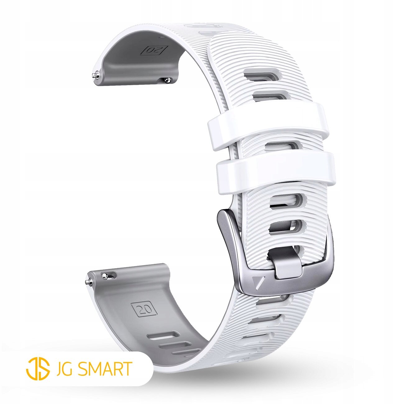 Biały silikonowy pasek do zegarka z metalową klamrą i logo JG SMART. Na wewnętrznej stronie paska widoczny jest numer \'20\'.