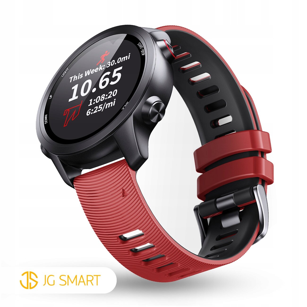 Czarny zegarek z czerwonym silikonowym paskiem, na wyświetlaczu widoczny jest tekst: \'This Week: 30.0mi, 10.65, 1:08:20, 6:25/mi\'. W lewym dolnym rogu znajduje się logo \'JG SMART\'.
