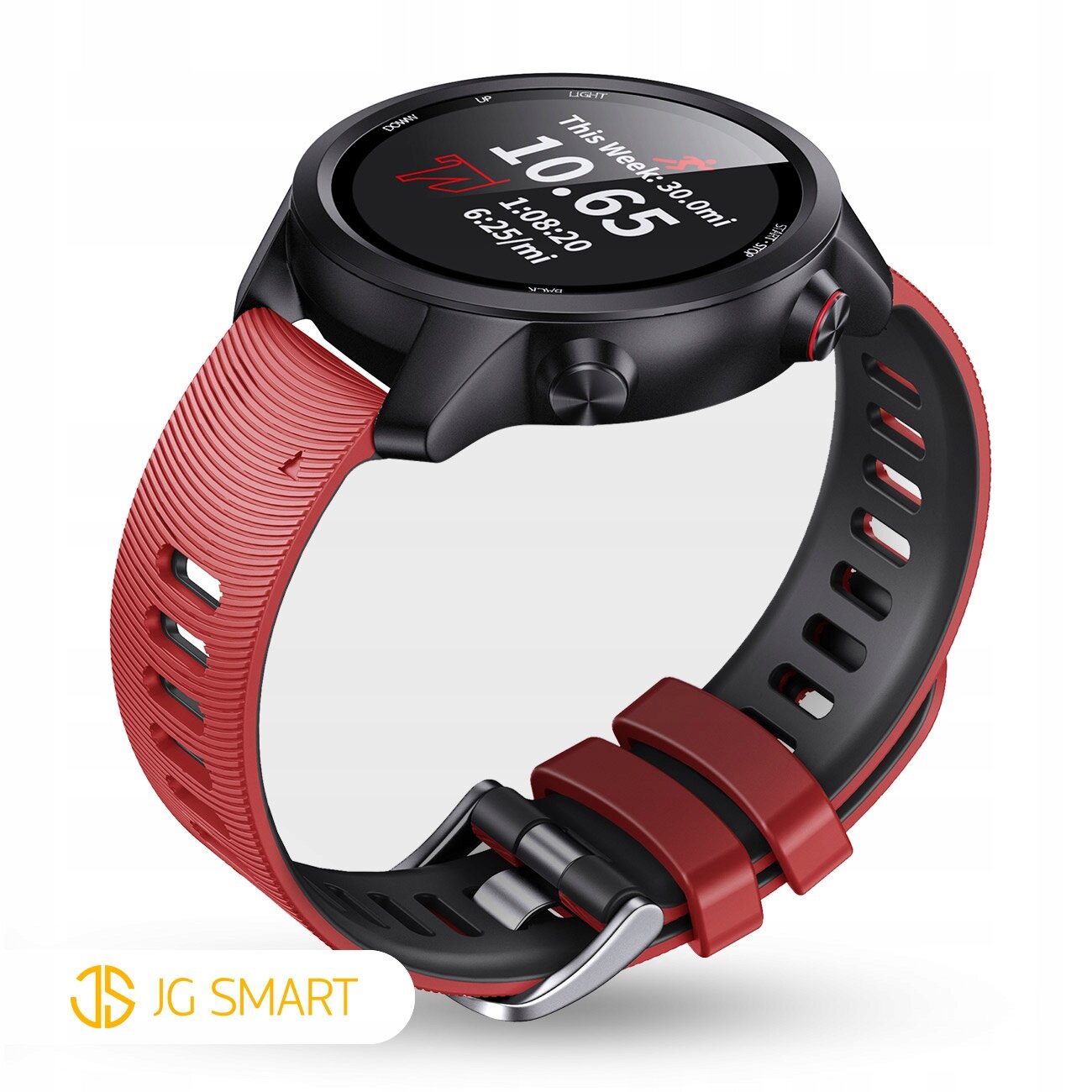 Czarny zegarek z czerwonym silikonowym paskiem, wyświetlający dane: \'This week 9:30 ami 10.65 1:08:20 6251 mi\'. Logo \'JG SMART\' widoczne w lewym dolnym rogu.