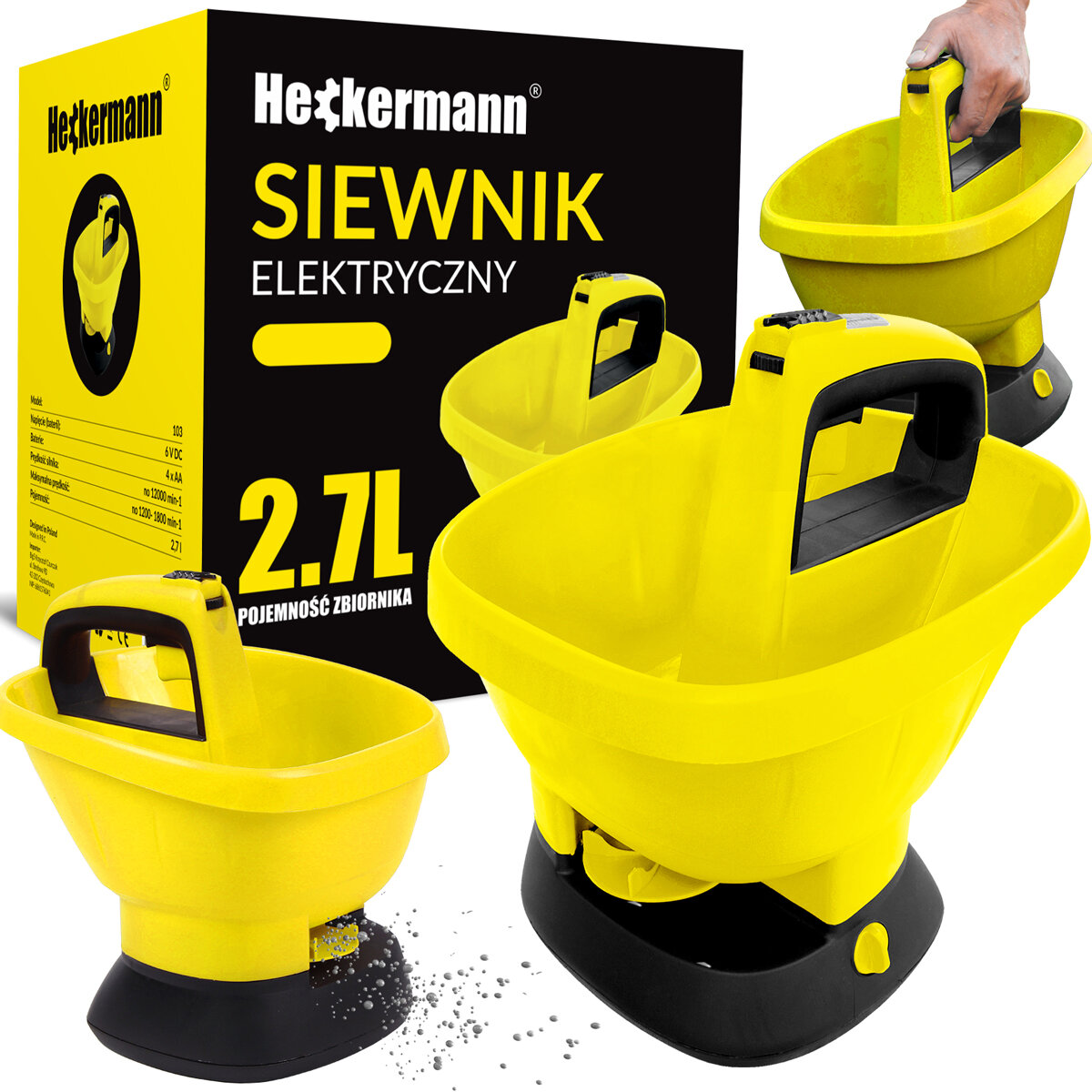Na obrazie widoczny jest żółty elektryczny siewnik z czarnym uchwytem oraz opakowanie z napisem \'Heckermann SIEWNIK ELEKTRYCZNY 2.7L POJEMNOŚĆ ZBIORNIKA\'.