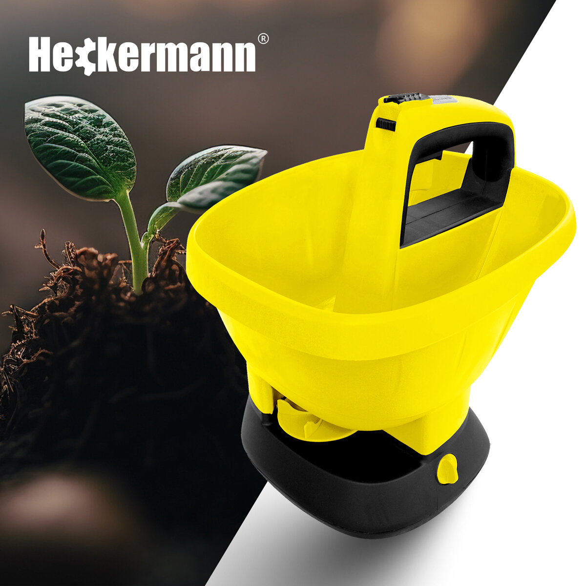 Na obrazie widoczny jest żółty, plastikowy siewnik z czarną podstawą i uchwytem. W tle znajduje się roślina wyrastająca z ziemi oraz logo \'Heckermann\'.