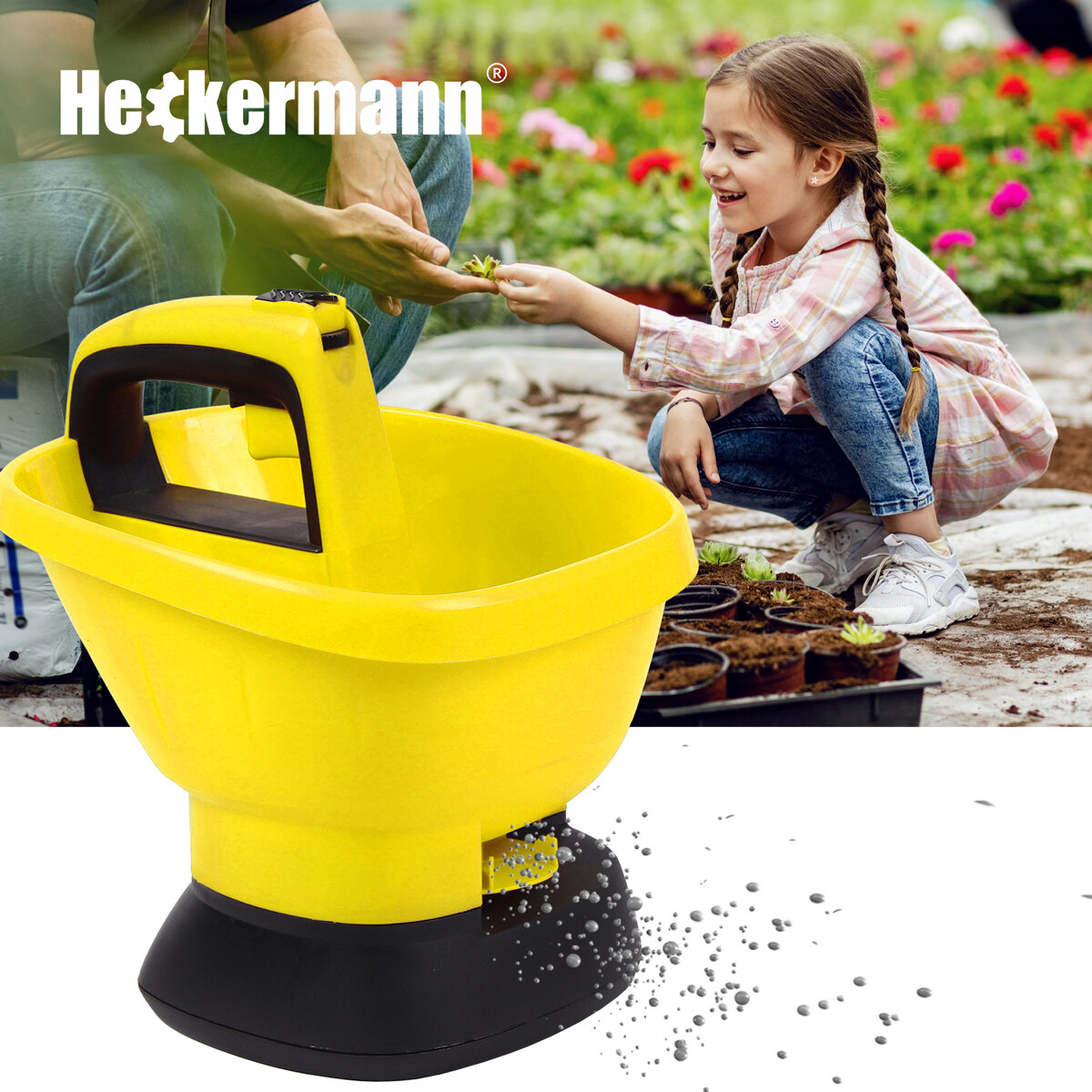 Na pierwszym planie znajduje się żółty automatyczny siewnik z czarną podstawą, a w tle widoczna jest osoba dorosła i dziecko w ogrodzie. Logo \'Heckermann\' jest umieszczone w górnej części obrazu.