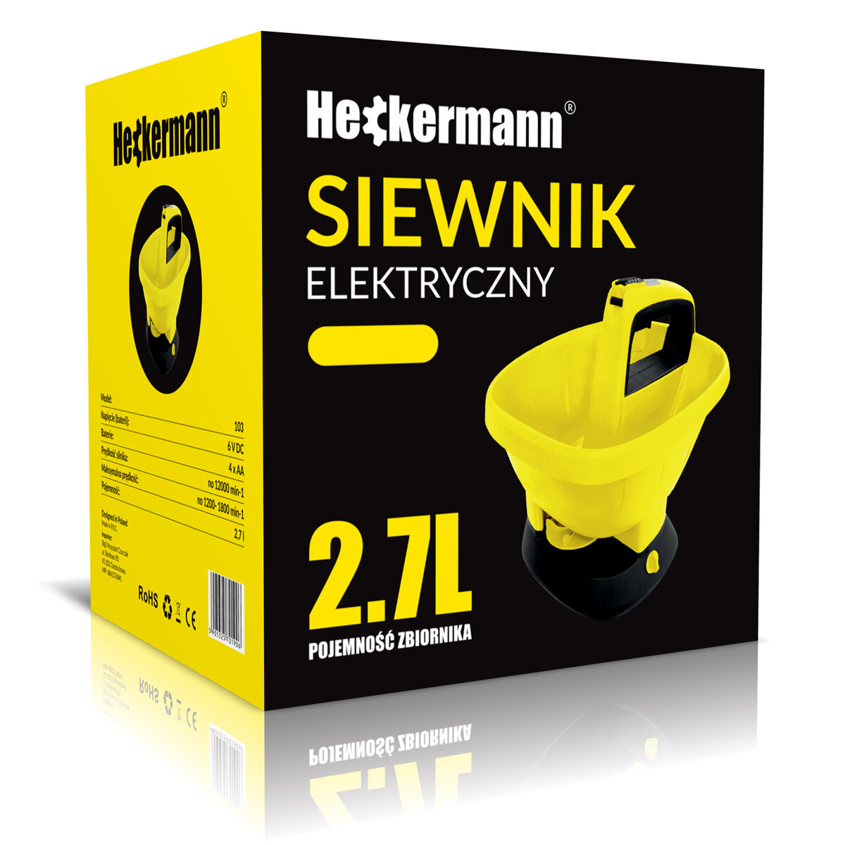 Opakowanie produktu z napisem \'Heckermann Siewnik Elektryczny 2.7L Pojemność Zbiornika\'. Widoczny jest żółty siewnik z czarnymi elementami oraz specyfikacja techniczna na boku opakowania.