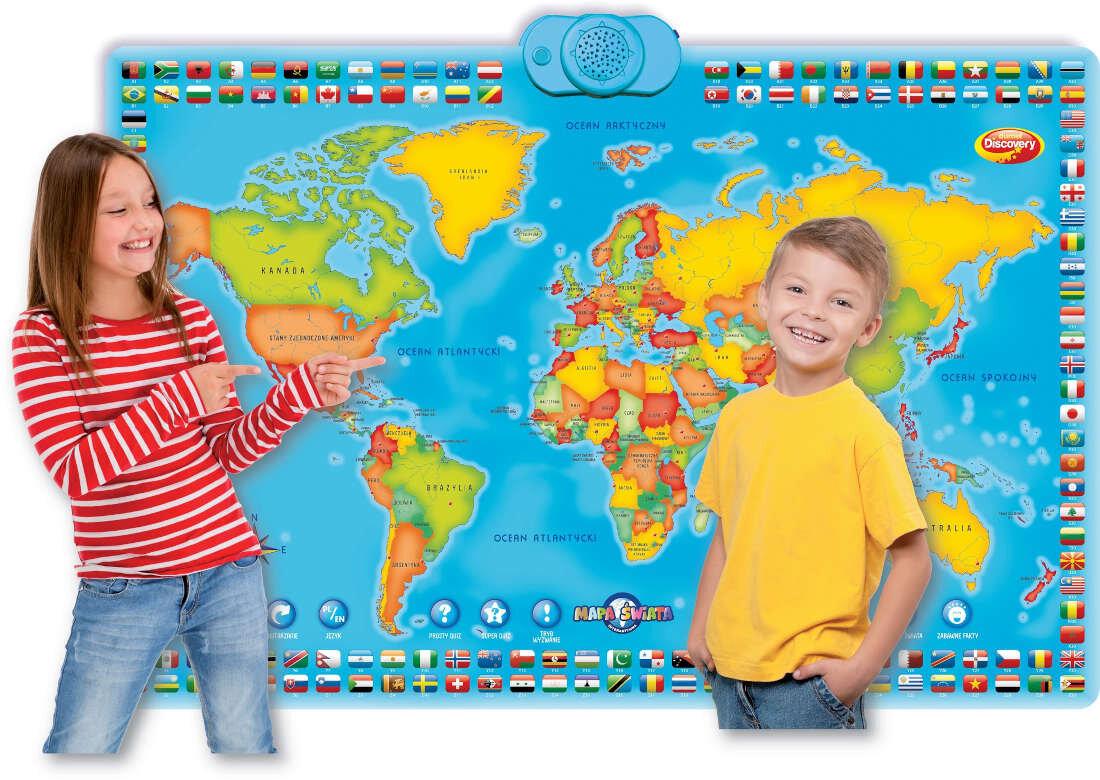 Zabawka edukacyjna DUMEL Mapa Świata DG60853 źródło wiedzy fakty pytania nauka wiedza geograficzna analiza informacje umiejętności czytanie słownictwo wyobraźnia zmiana języka nowy język