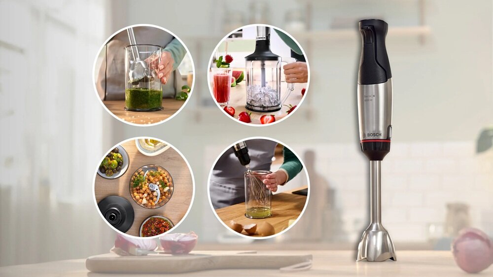 Obraz przedstawia blender ręczny z logo BOSCH, a obok niego cztery okrągłe zdjęcia pokazujące różne zastosowania urządzenia, takie jak miksowanie ziół, kruszenie lodu, przygotowywanie sosów i miksowanie składników w szklance.