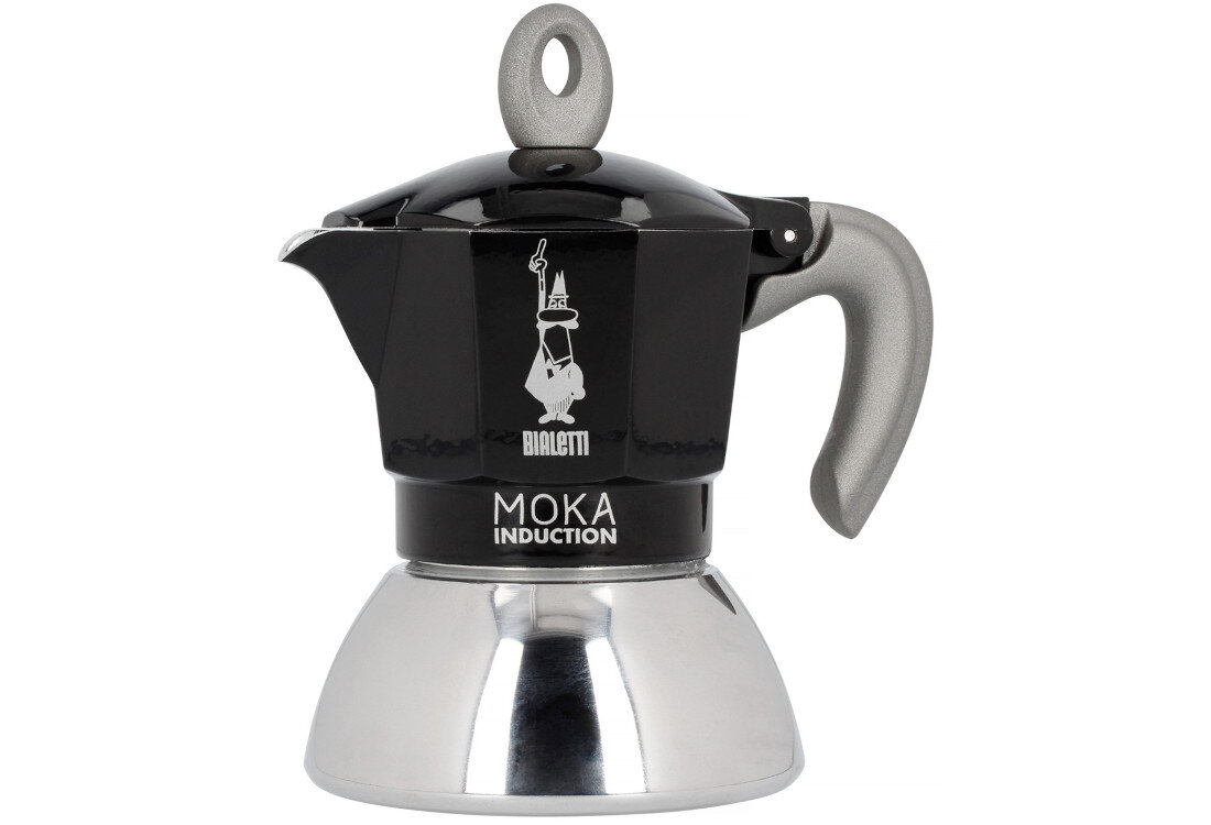 Czarna kawiarka z logo Bialetti i napisem \'MOKA INDUCTION\' na dolnej części, z metalowym uchwytem i srebrnym dolnym zbiornikiem.
