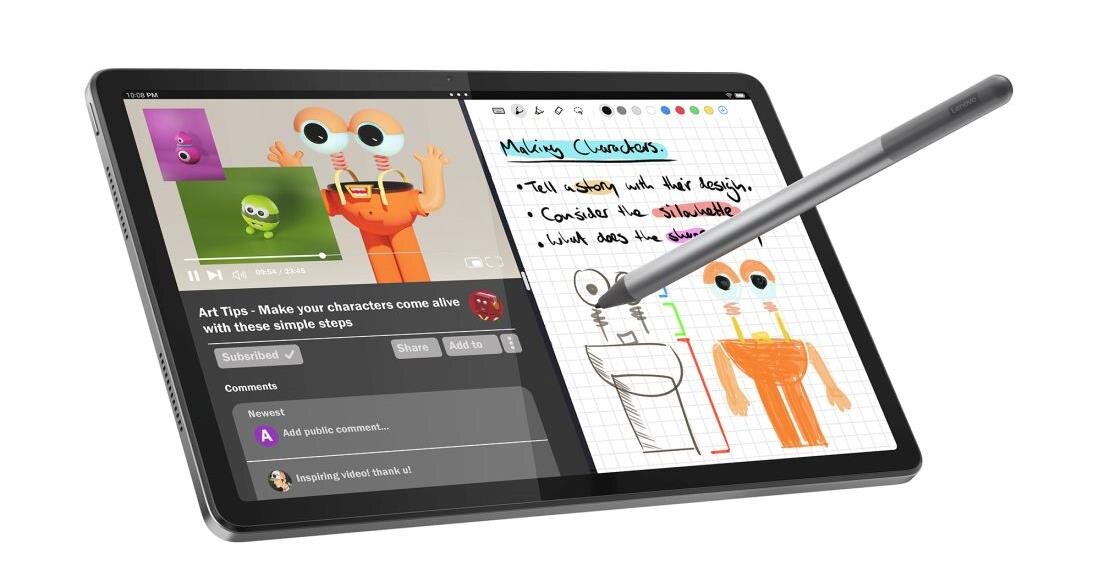Tablet z wyświetlonymi dwoma ekranami: po lewej stronie wideo z postacią animowaną, po prawej notatki z rysunkami i tekstem \'Making Characters\'. Obok tabletu znajduje się rysik.