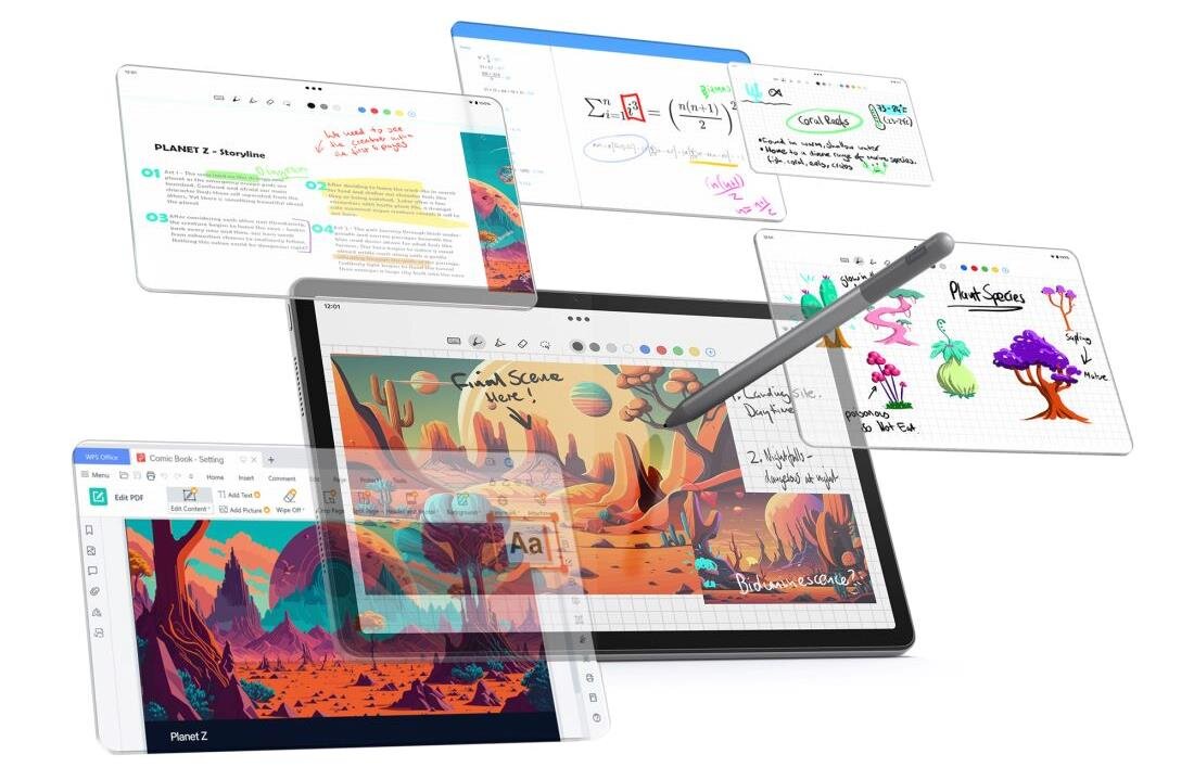 Tablet z wyświetlaczem pokazującym kolorową grafikę krajobrazu i rysikiem unoszącym się nad ekranem. W tle widoczne są różne okna aplikacji z tekstem i grafikami, w tym notatki i rysunki.