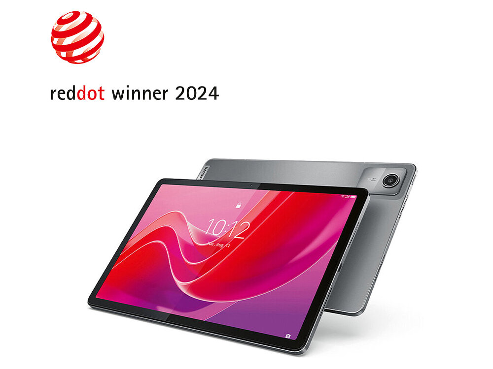 Na obrazie widoczny jest szary tablet z dużym ekranem, na którym wyświetlana jest godzina 10:12 i data Tue, Aug 14. Nad tabletem znajduje się napis \'reddot winner 2024\'.