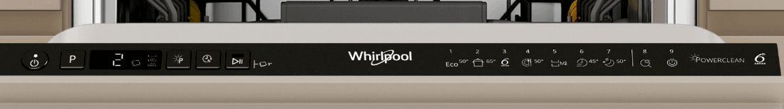 Panel sterowania zmywarki z widocznymi przyciskami i wyświetlaczem. Logo Whirlpool oraz napis \'PowerClean\' znajdują się na panelu.